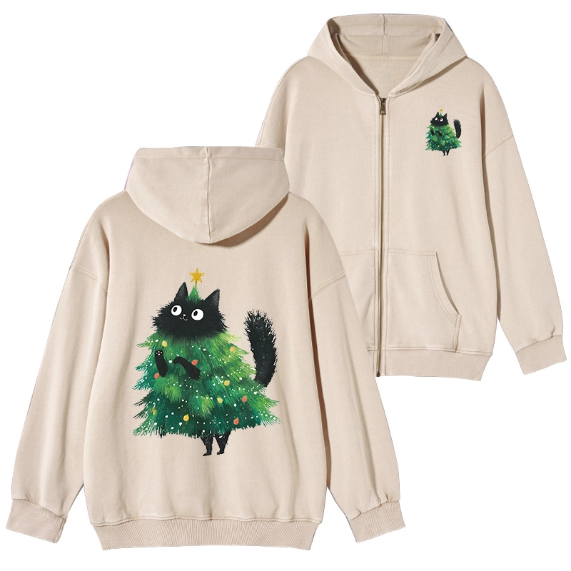 Tokyo-Tiger Christmas Tree Cat Japan Washed Zip Hoodie