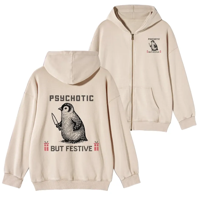 Tokyo-Tiger Overstimulated but Festive Christmas Washed Zip Hoodie Sale