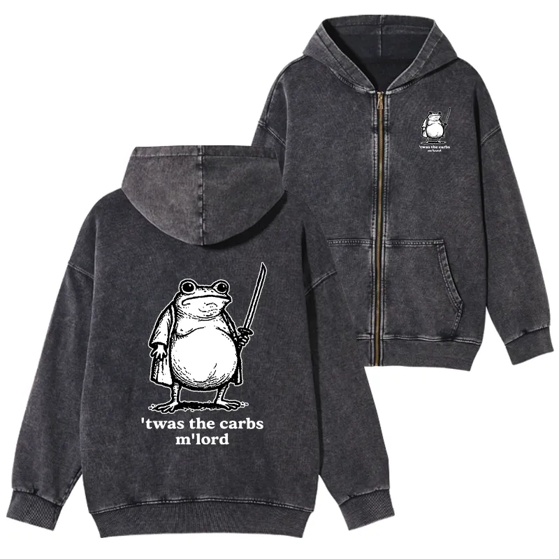 Tokyo-Tiger Funny Fat Samurai Frog Washed Zip Hoodie