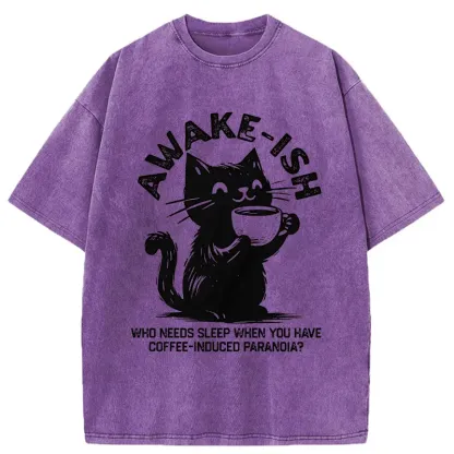 Tokyo-Tiger Staying Awake Because Of Coffee Washed T-Shirt