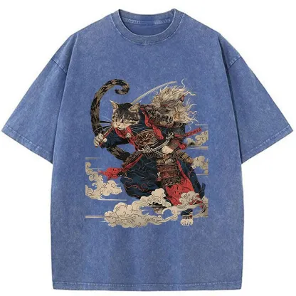 Tokyo-Tiger Gorgeous Samurai Cat Washed T-Shirt