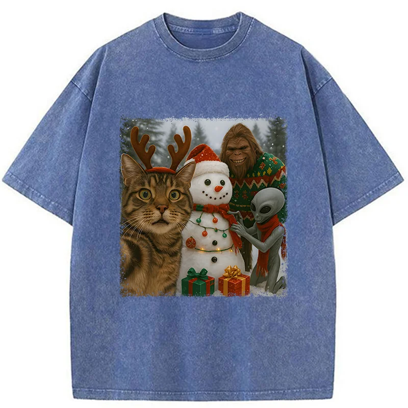 Tokyo-Tiger Christmas Cat Selfie Funny Washed T-Shirt