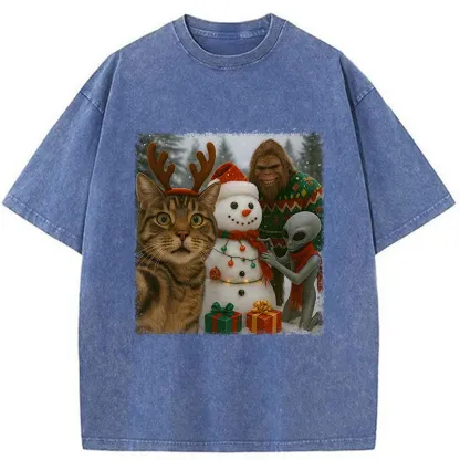 Tokyo-Tiger Christmas Cat Selfie Funny Washed T-Shirt