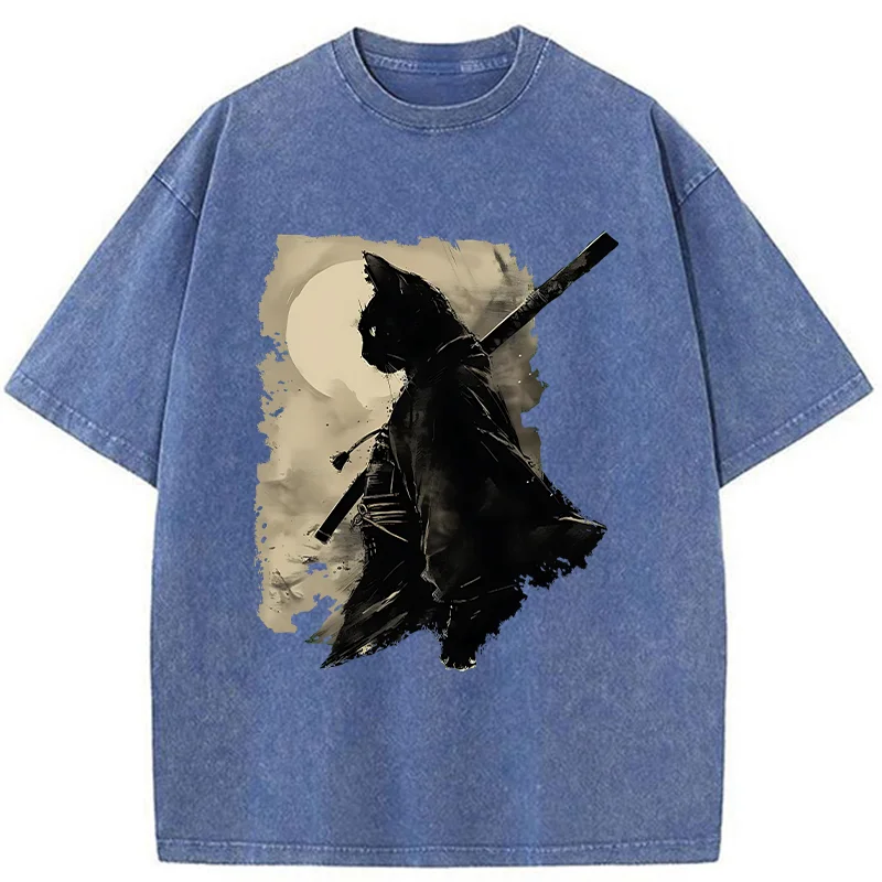 Tokyo-Tiger Under The Moon Cat Samurai Washed T-Shirt