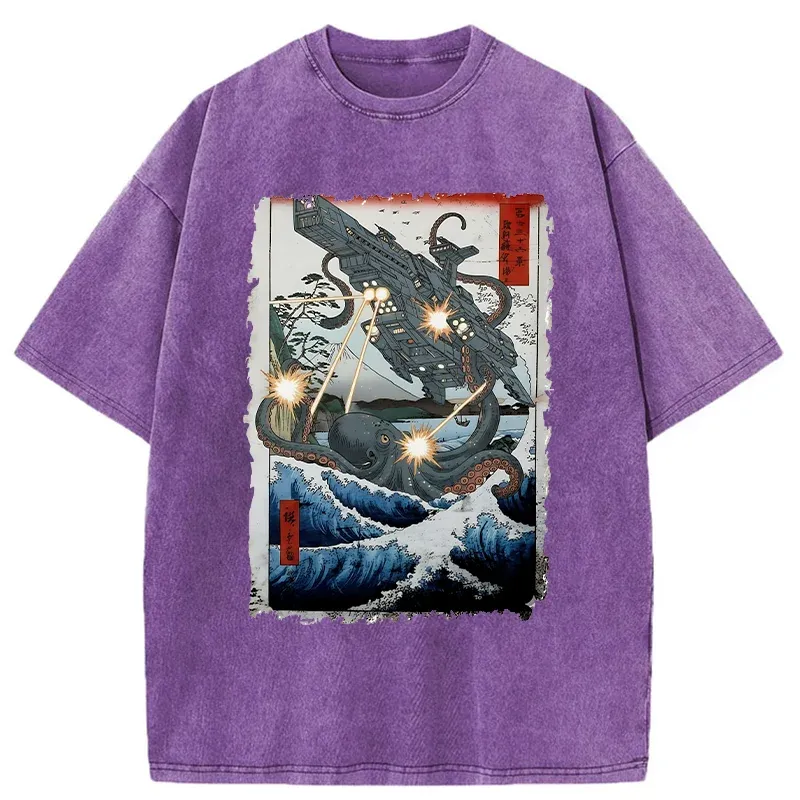 Tokyo-Tiger Octopus VS Spaceship Washed T-Shirt