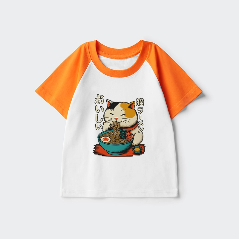 Tokyo-Tiger Cute Eat Eating Japanese Ramen Kids Raglan T-shirt