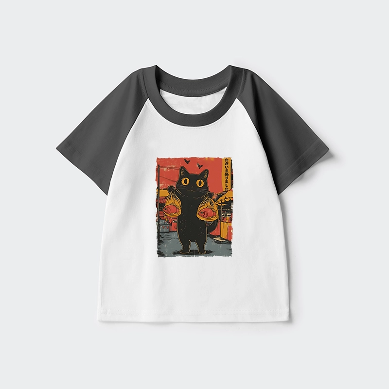 Tokyo-Tiger Cat Fishing Japanese Kids Raglan T-shirt