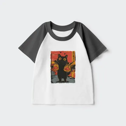 Tokyo-Tiger Cat Fishing Japanese Kids Raglan T-shirt
