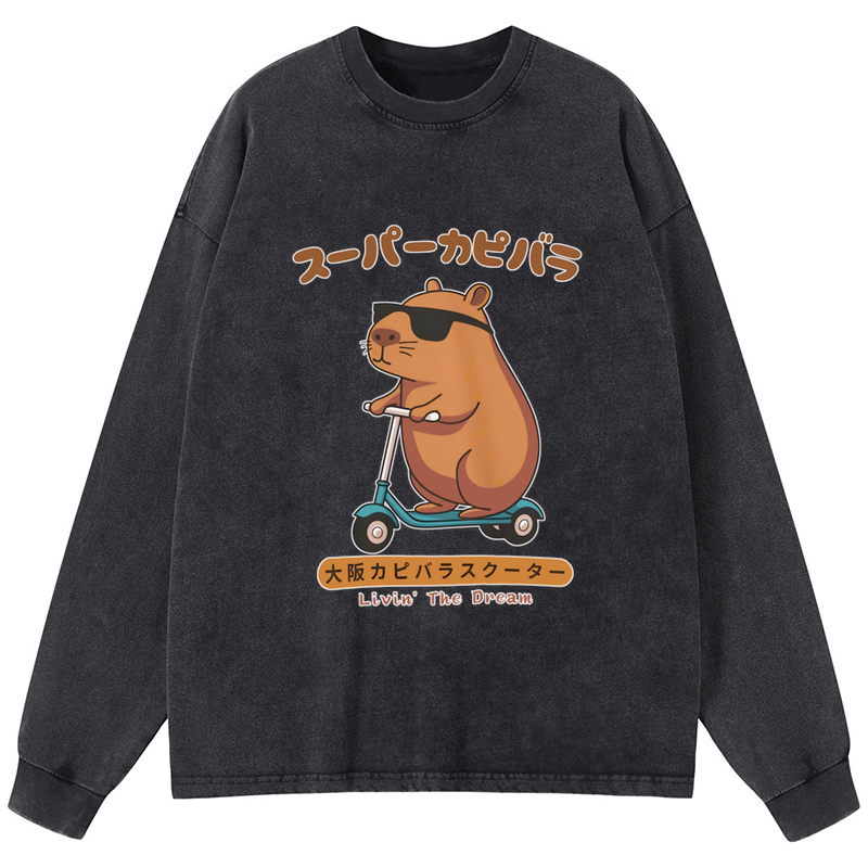 Tokyo-Tiger Osaka Capybara Scooter Washed Long Sleeve T-Shirt