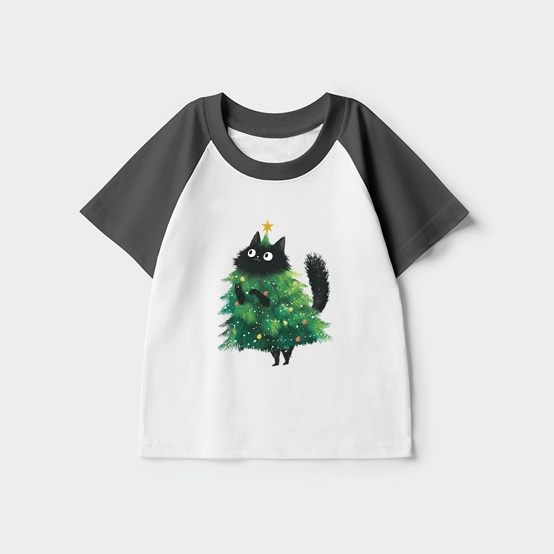 Tokyo-Tiger Christmas Tree Cat Japan Kids Raglan T-shirt