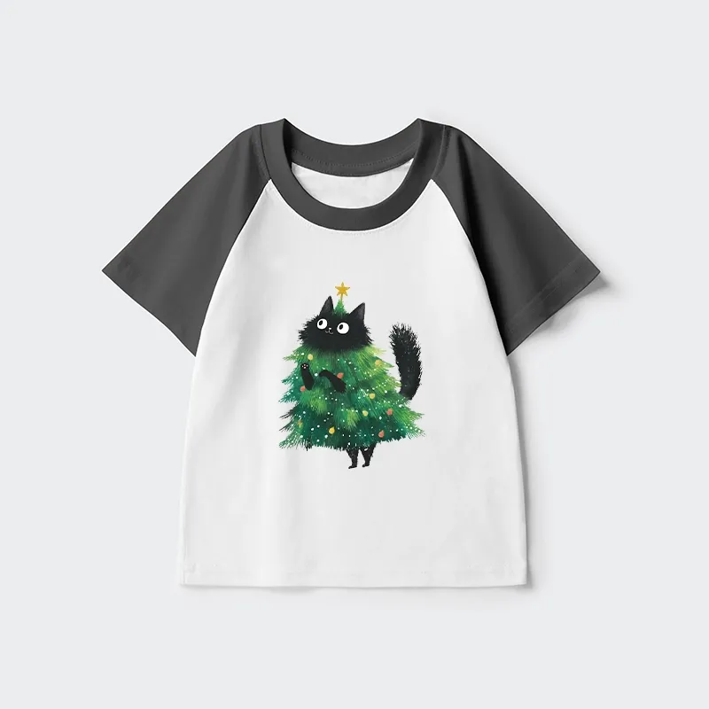 Tokyo-Tiger Christmas Tree Cat Japan Kids Raglan T-shirt