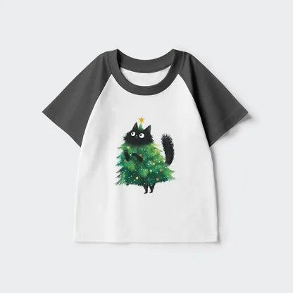 Tokyo-Tiger Christmas Tree Cat Japan Kids Raglan T-shirt