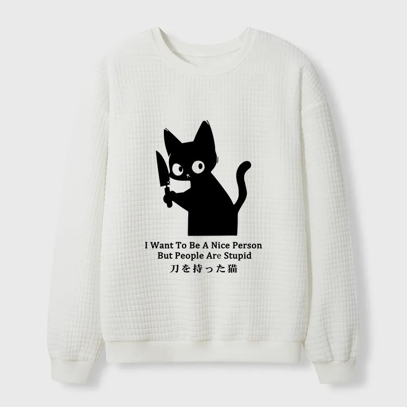 Tokyo-Tiger Black Cat With A Knife Japan Waffle Sweatshirt