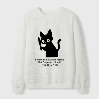 Tokyo-Tiger Black Cat With A Knife Japan Waffle Sweatshirt