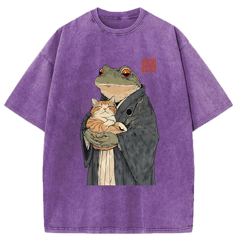 Tokyo-Tiger A Frog Holding A Cat Washed T-Shirt