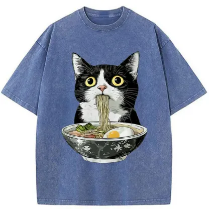 Tokyo-Tiger Cute Cat Eating Japan Ramen Washed T-Shirt