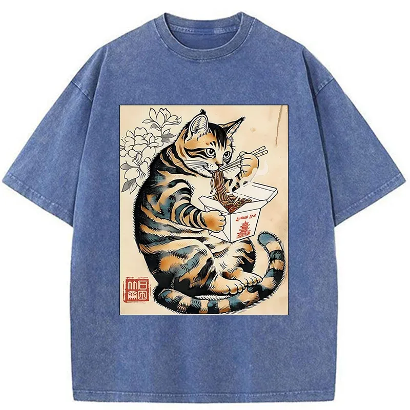 Tokyo-Tiger Cat Eating Takeout Washed T-Shirt