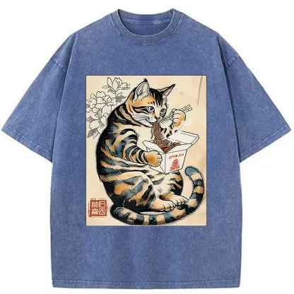 Tokyo-Tiger Cat Eating Takeout Washed T-Shirt