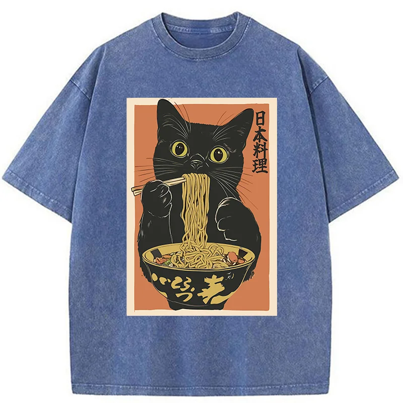 Tokyo-Tiger Black Cat Eats Japan Ramen Washed T-Shirt