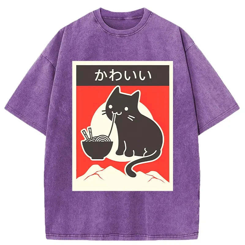 Tokyo-Tiger Kawaii Vintage Ramen Cat Washed T-Shirt