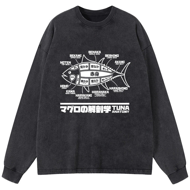 Tokyo-Tiger Tuna Dissection Map Japanese Washed Long Sleeve T-Shirt
