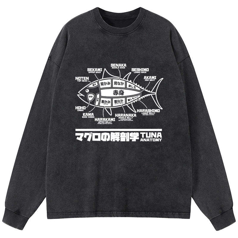 Tokyo-Tiger Tuna Dissection Map Japanese Washed Long Sleeve T-Shirt