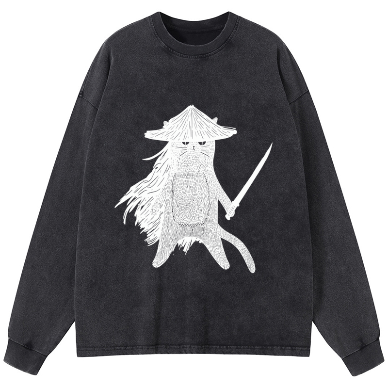 Tokyo-Tiger Japanese Samurai Cat Washed Long Sleeve T-Shirt