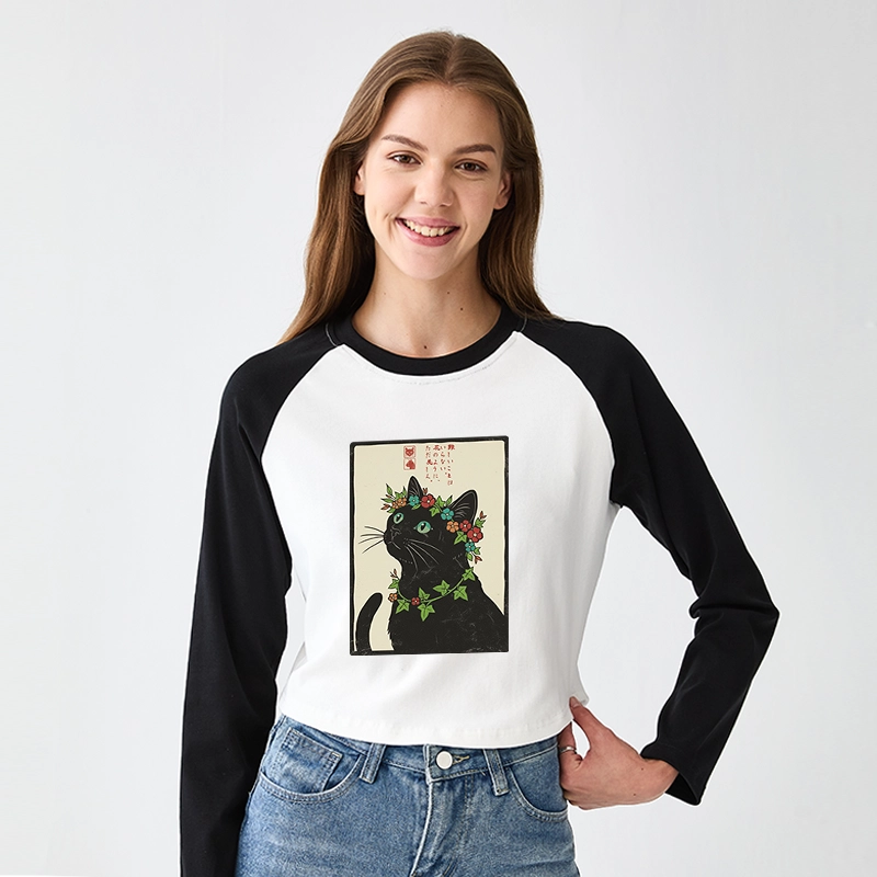 Tokyo-Tiger The Flower-Crowned Cat Women's Crop Raglan T-Shirt