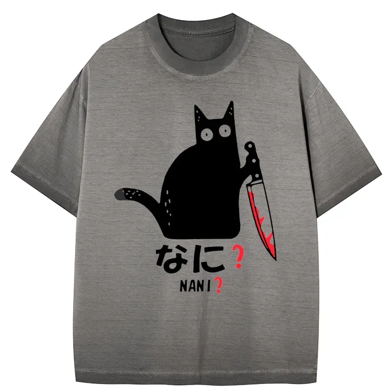 Tokyo-Tiger A Puzzled Cat Holding A Knife Gradient Washed T-Shirt