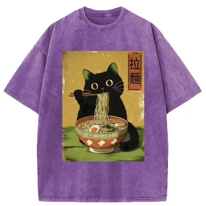 Tokyo-Tiger Vintage Japanese Cat Eating Ramen Washed T-Shirt