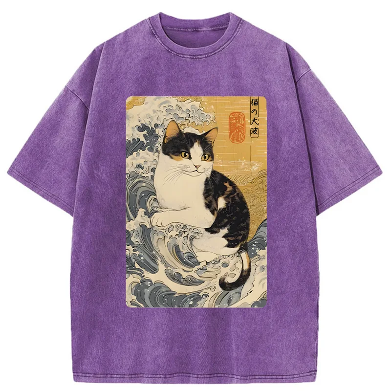 Tokyo-Tiger Surfing Cat Washed T-Shirt