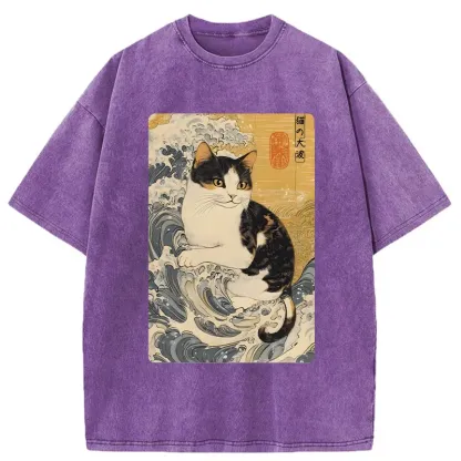 Tokyo-Tiger Surfing Cat Washed T-Shirt