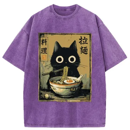 Tokyo-Tiger Cute Black Cat Eating Ramen Washed T-Shirt