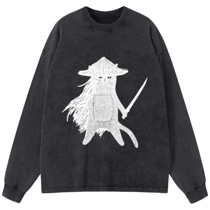 Tokyo-Tiger Japanese Samurai Cat Washed Long Sleeve T-Shirt