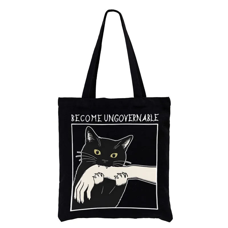 Tokyo-Tiger Black Cat Biting Tote Bag