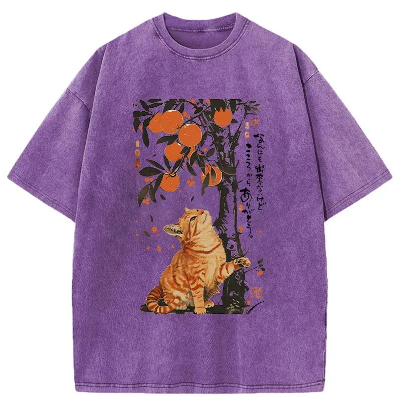 Tokyo-Tiger Orange Cat Wants To Eat Oranges Washed T-Shirt