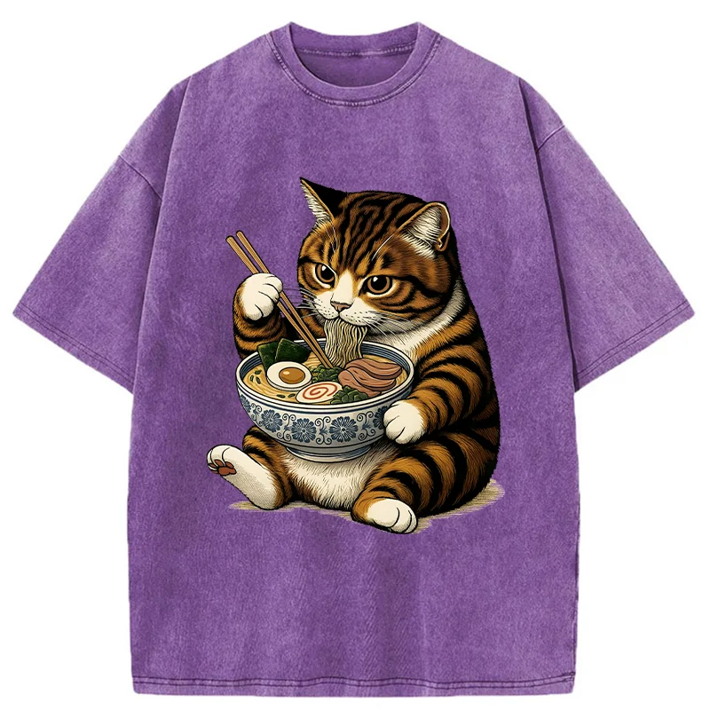 Tokyo-Tiger Tabby Cat Eats Ramen Washed T-Shirt
