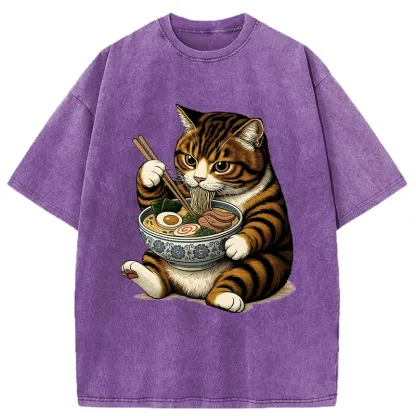 Tokyo-Tiger Tabby Cat Eats Ramen Washed T-Shirt