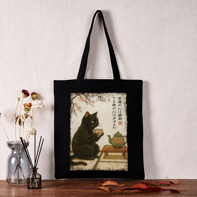 Tokyo-Tiger Tea Time With A Black Cat Tote Bag