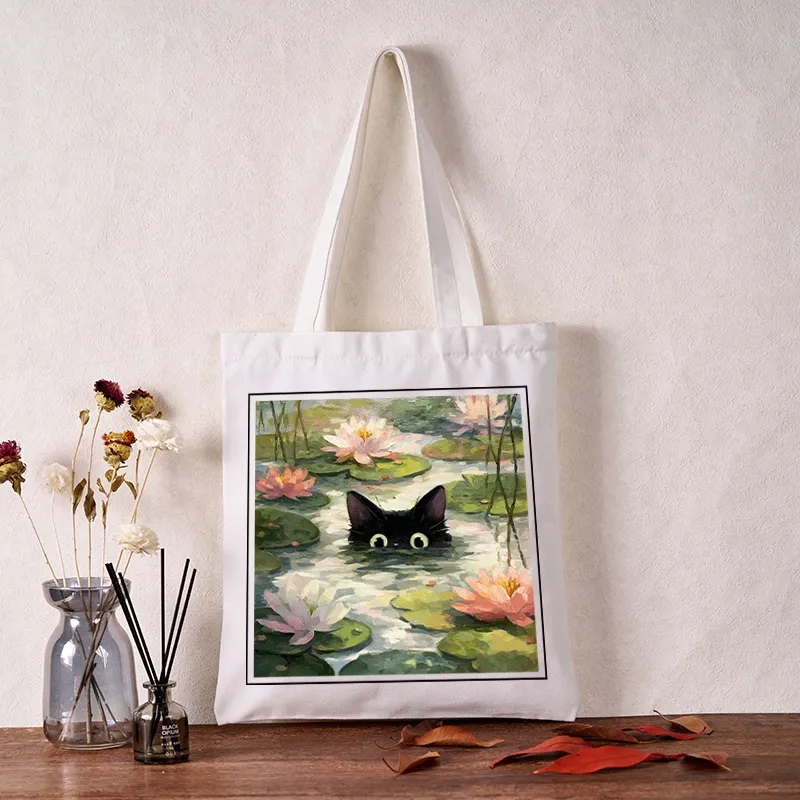 Tokyo-Tiger Black Cat and Lotus Flower Tote Bag