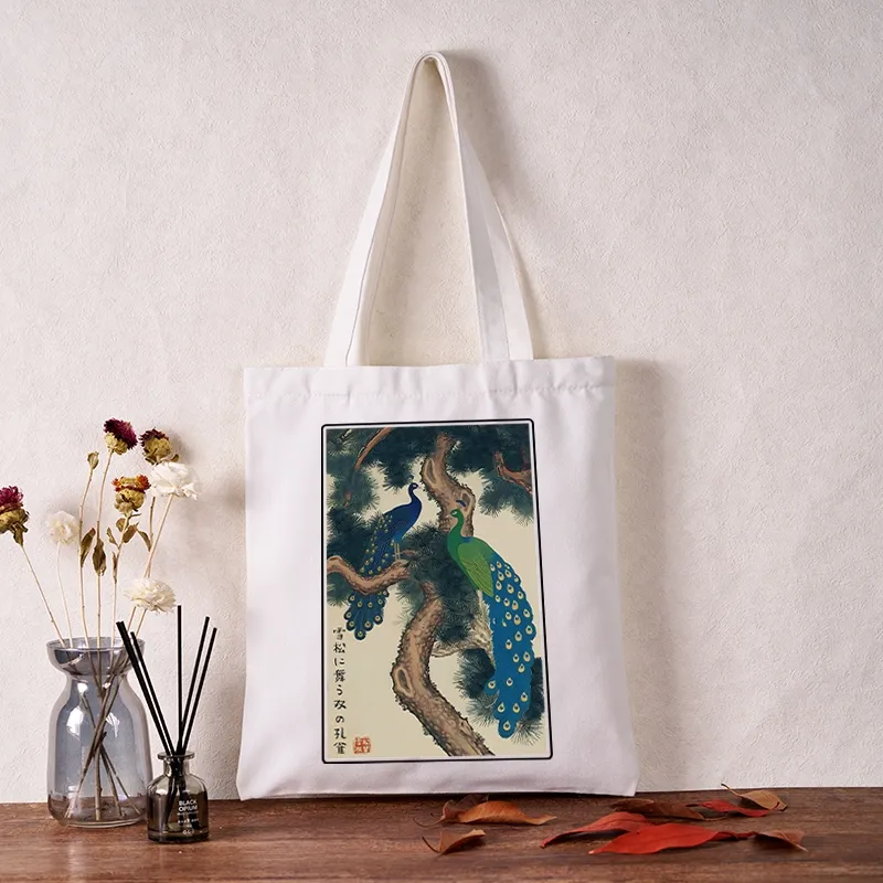 Tokyo-Tiger Peacocks in Snowy Pines Tote Bag
