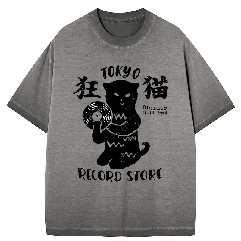 Tokyo-Tiger Tokyo Record Store Cat CD Gradient Washed T-Shirt