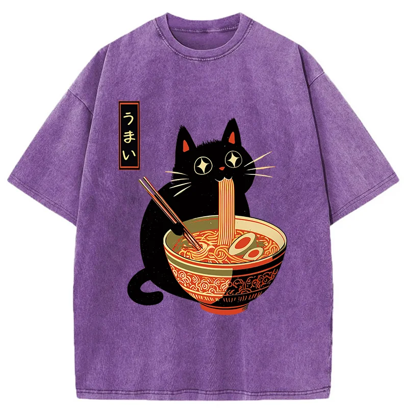 Tokyo-Tiger Cat Eats Super Delicious Ramen Washed T-Shirt