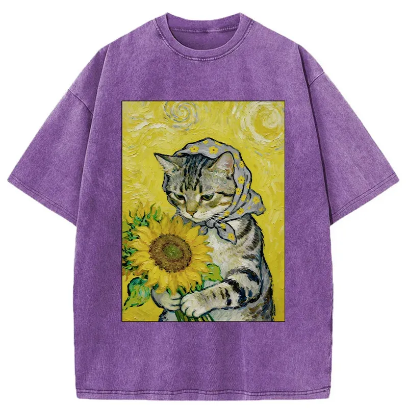 Tokyo-Tiger Cat Is Picking Sunflowers Washed T-Shirt