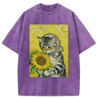 Tokyo-Tiger Cat Is Picking Sunflowers Washed T-Shirt