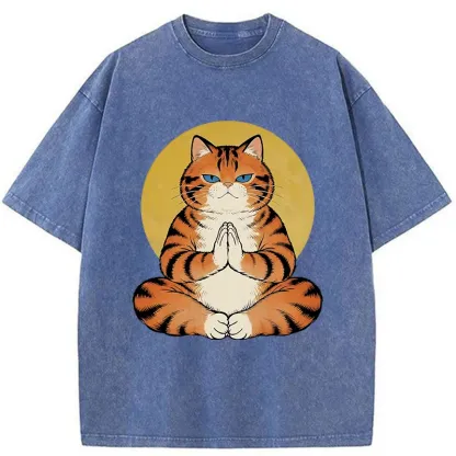 Tokyo-Tiger Meditating Orange Cat Washed T-Shirt
