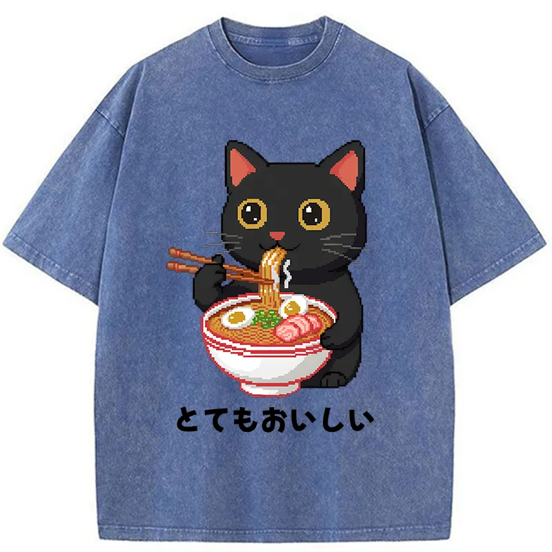 Tokyo-Tiger Black Cat Eats Ramen Pixel Art Style Washed T-Shirt
