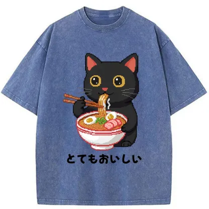 Tokyo-Tiger Black Cat Eats Ramen Pixel Art Style Washed T-Shirt