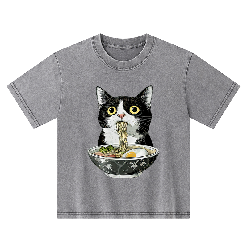 Tokyo-Tiger Cute Cat Eating Japan Ramen Kids Washed T-Shirt