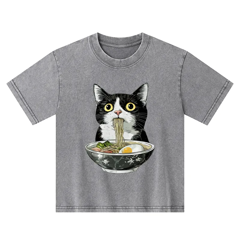 Tokyo-Tiger Cute Cat Eating Japan Ramen Kids Washed T-Shirt